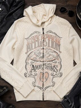 Affliction Cream Lace-Panel Zip Hoodie with Vintage Graphic Y2K